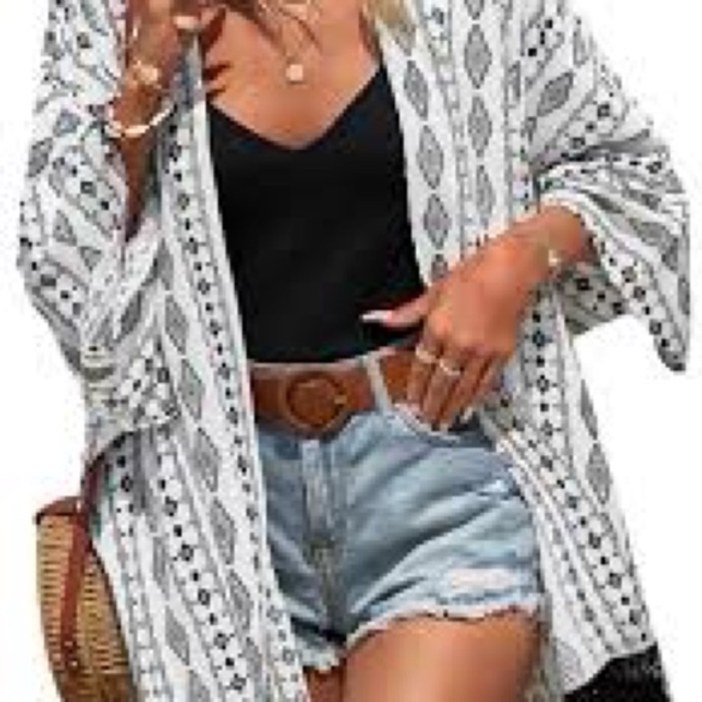 Panhandle Black and White Aztec Western Fringe Kimono Duster Cardigan rodeo - Picture 2 of 12